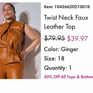 Brand new twist neck Faux Leather top and pleated taper pant with tie hem
